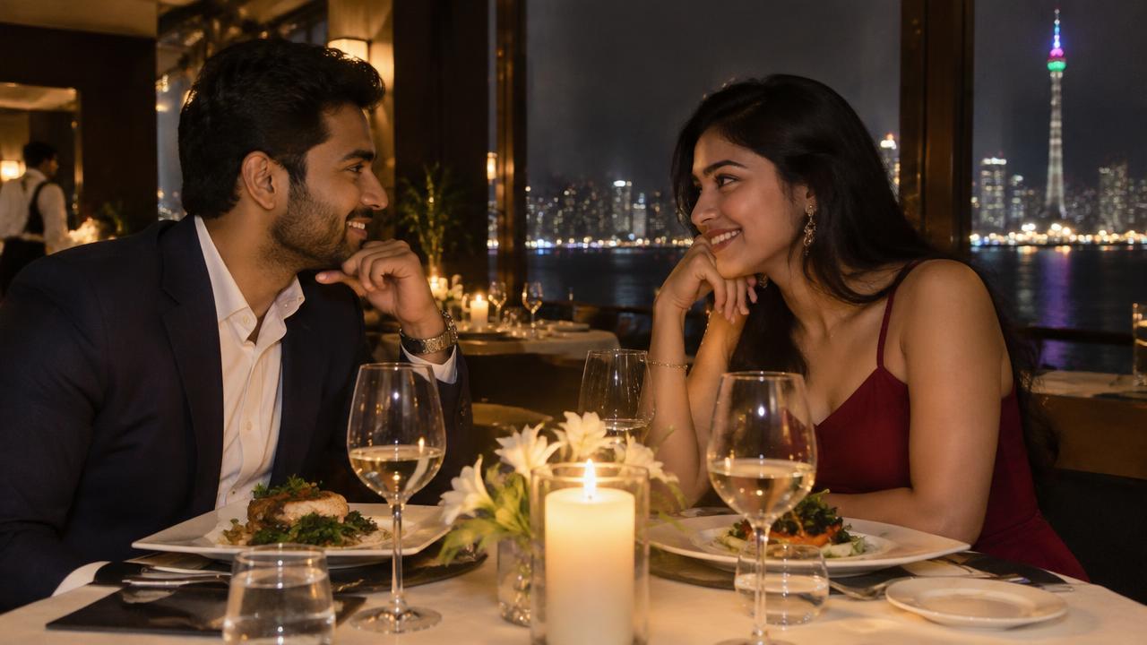 People sharing a meal at a restaurant in the evening
