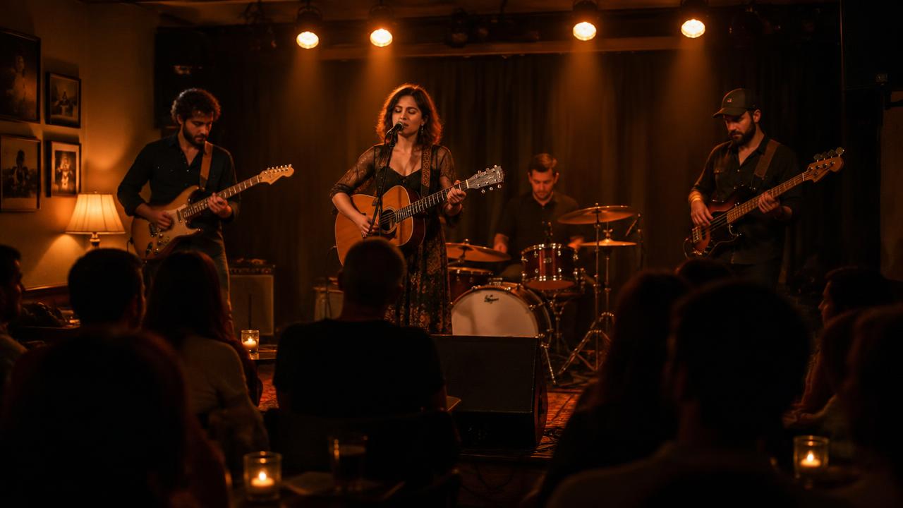 Live band performing for an evening audience